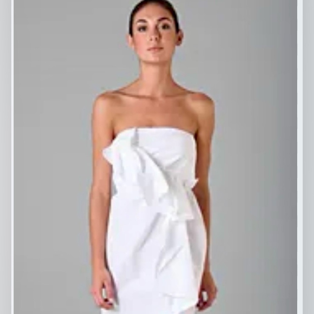 Vintage Plastic Island Linen & Cotton strapless ruffle mini dress